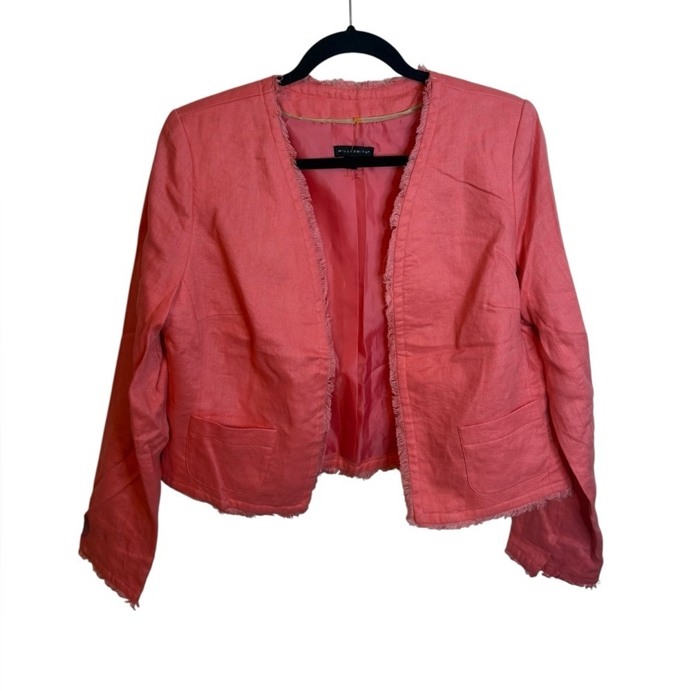 Willi Smith Coral Linen Fringe Open Front Blazer